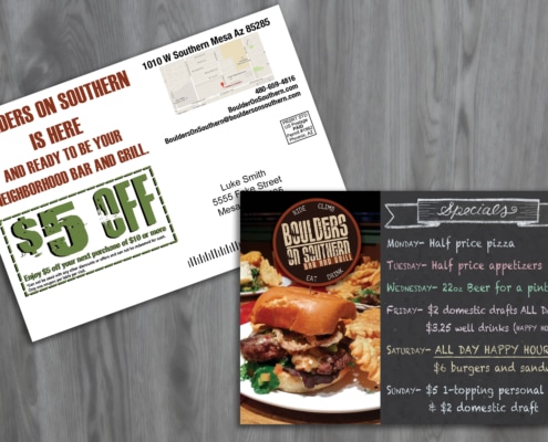 One Stop Mail Direct Mail Marketing Services Postcard from One Stop Mail for Boulders on Southern with coupon and picture of menu specials and burger