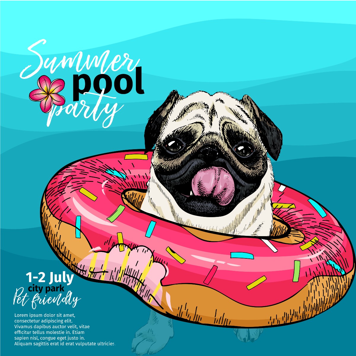 Pug Postcard for variable data printing personalized for pool party web