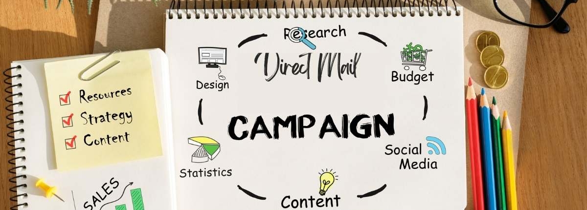 Notebook with information about direct mail campaigns, and process for campaigns